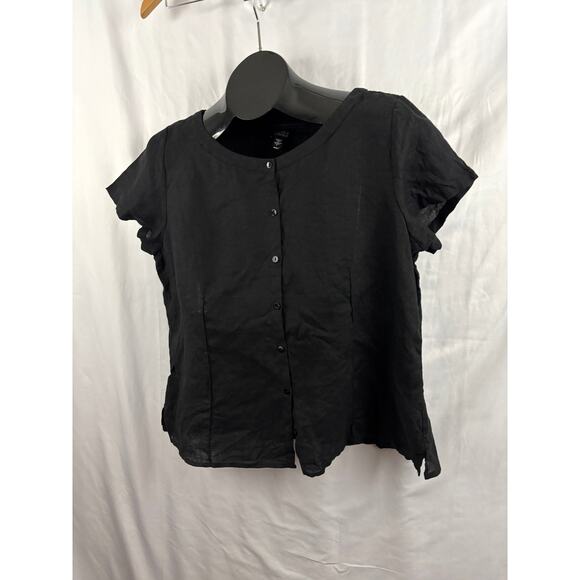 Eileen Fisher Black 100% Irish Linen Button Blouse Top Cap Sleeves LARGE - Picture 7 of 16